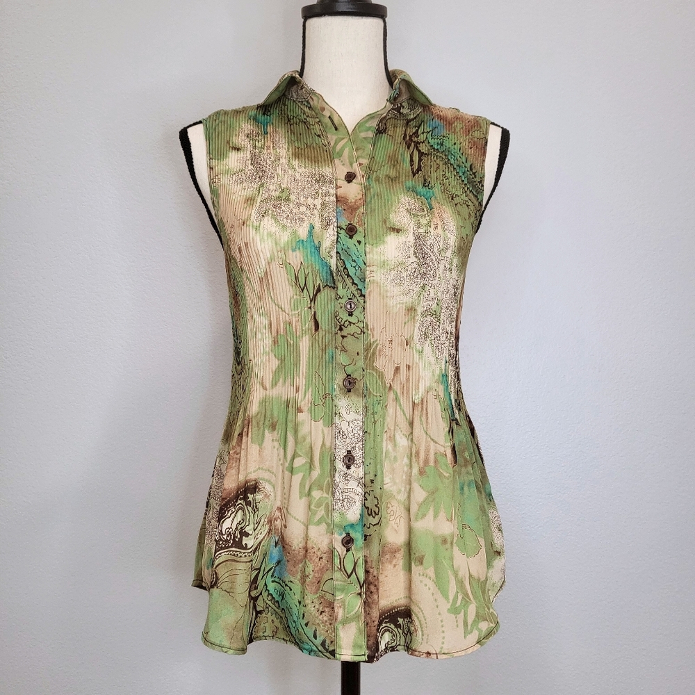 Cato Green Pleated Button-Up Blouse